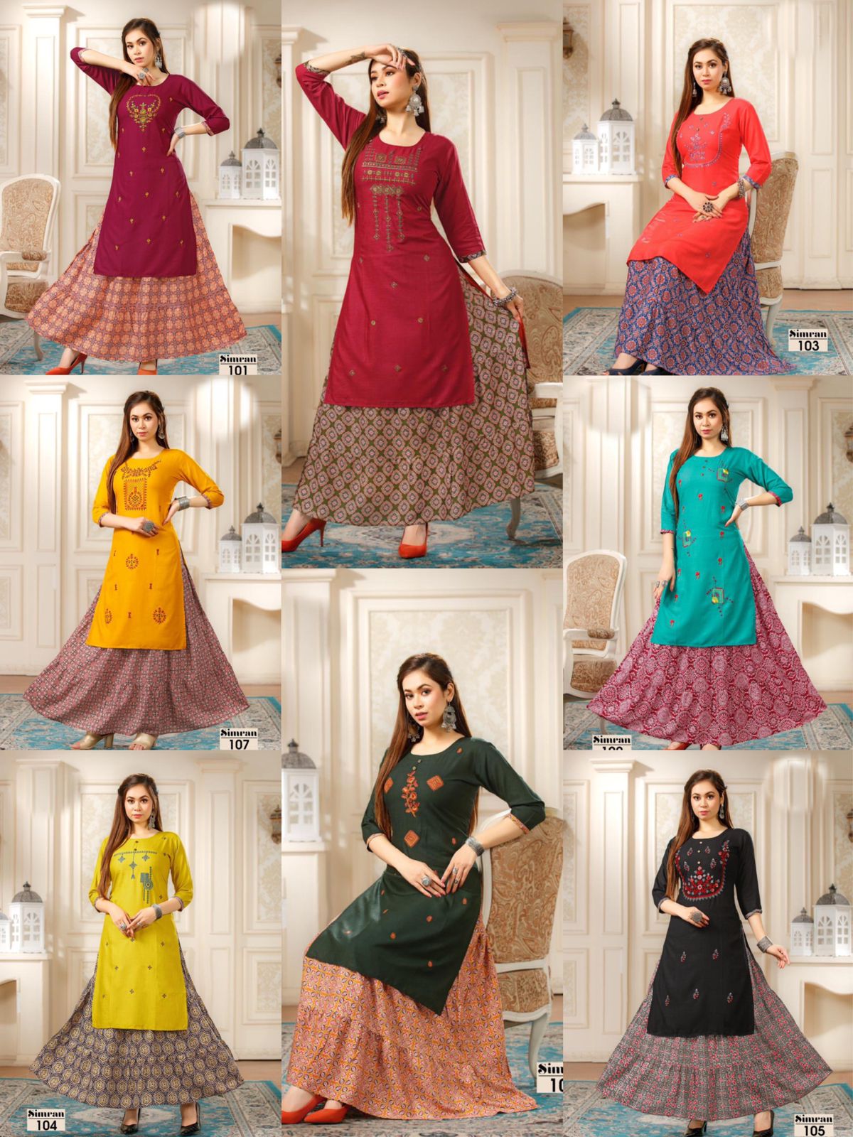 Simran 101 Heavy Designer Ethnic Wear Rayon Printed Kurti With Skirt Collection